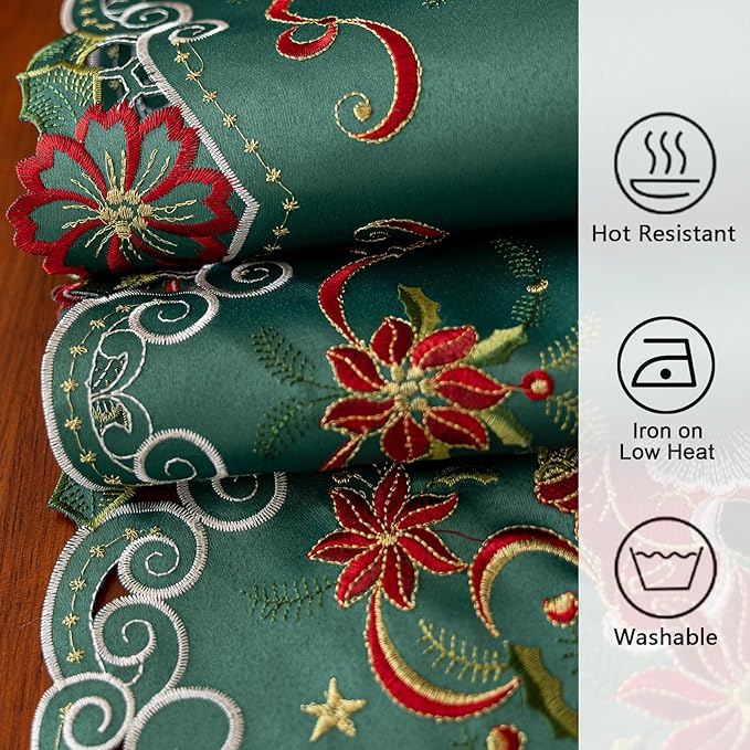 Joyfol Day Christmas Embroidered Green Table Runner 14 x 69 Inch, Cutwork Poinsettia Holly Leaves Santa Claus Table Runners, Tabletop Decoration for Winter Holiday Xmas/Dinner Party