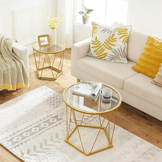 HOOBRO Small Coffee Table Set of 2, Round Coffee End Table with Metal Frame, Glass Tabletop, Gold Side Table for Living Room, Bedroom and Balcony, Modern Style, Gold GD79BZ01