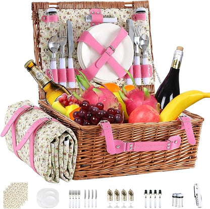 Neti Neti Wicker Picnic Basket for 4 with Insulated Cooler & Waterproof Blanket – Large Willow Picnic Hamper for Outdoor, Camping, Beach, Romantic Dates, Valentine’s Day