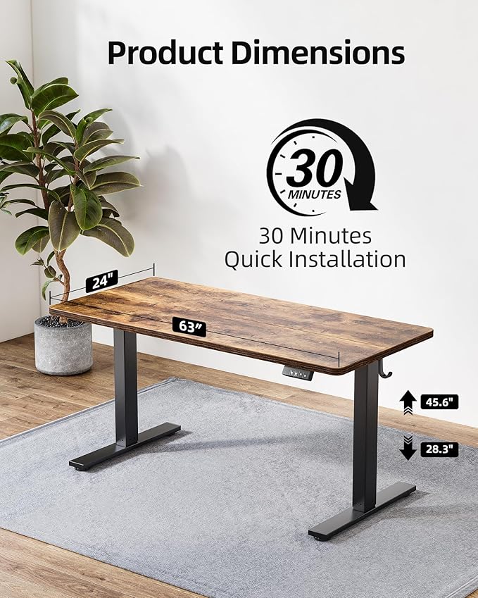 TIQLAB Electric Standing Desk, Adjustable Height Stand up Desk, 63 * 24 Inches Sit Stand Home Office Table with Splice Board, Rustic Brown
