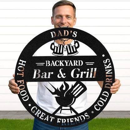 Custom Outdoor BBQ Retreat Metal Sign, Personalized Grill Name Cut Wall Art for Patio, Rustic Backyard Cooking Area Decor