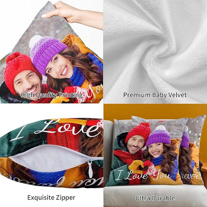 Easycosy Custom Pillow with Picture & Text, Two-Sides Velvet Customized Photo Pillowcase, 16"x16" Personalized Pillowcover with Photo, Custom Christmas Decor Love Gifts (Optional Pillow Insert)