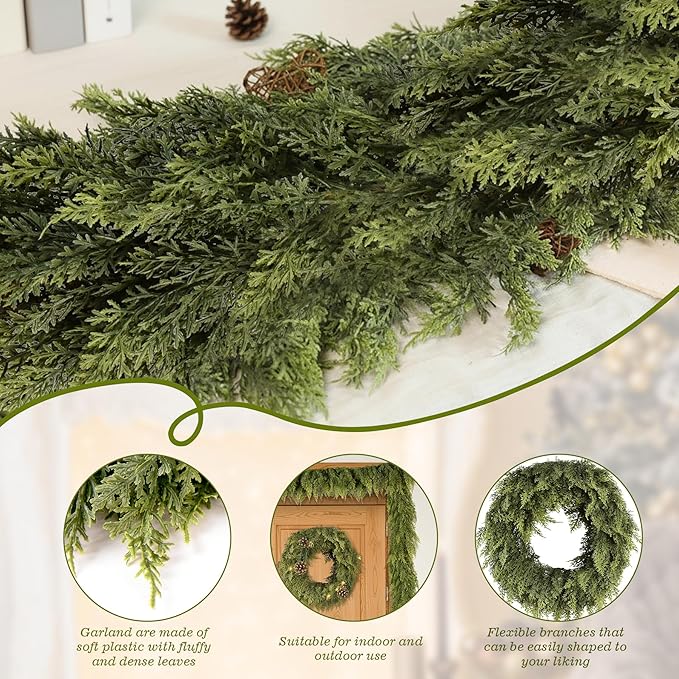 9FT Christmas Garland Cedar Garland Real Touch Faux Greenery Cypress Garlands for Mantle,Table,Wall,Christmas Decorations Indoor Outdoor