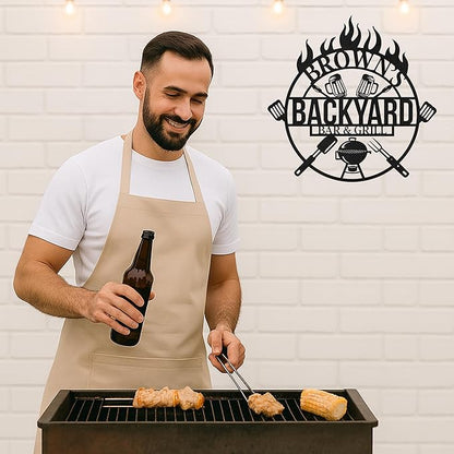 Rustic Metal BBQ Cut Sign, Personalized Grill Wall Art with Custom Name for Backyard Patio, Outdoor Barbecue Decor