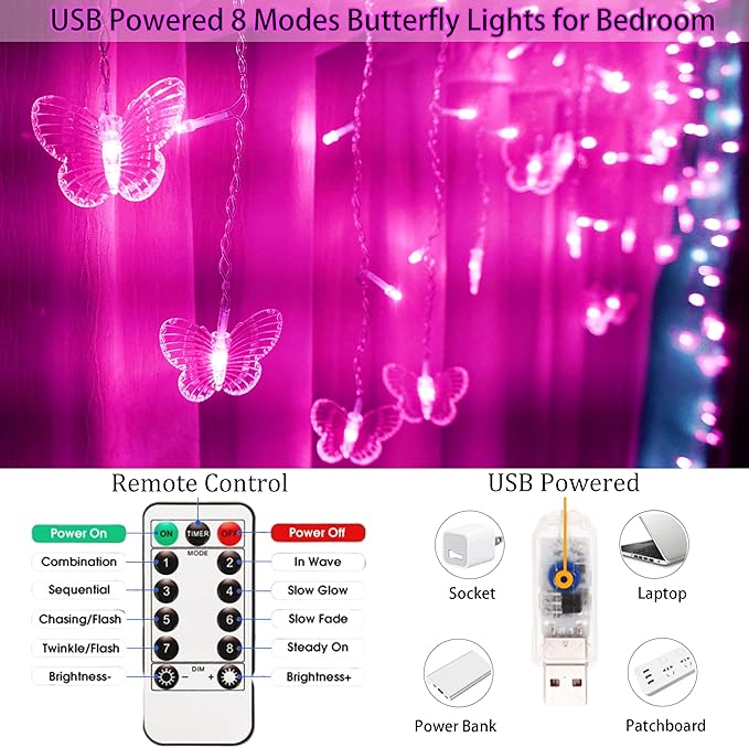Butterfly Curtain Fairy Lights USB Plug in,120 LED 8 Modes 20FT Firefly Twinkle Icicle String Lights with Remote Timer Waterproof Copper Wire for Bedroom Patio Christmas Wedding Party Dorm(Pink)