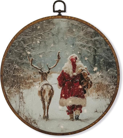MOTERMATE Christmas Santa Reindeer Wall Art Decor Round Framed, Christmas Canvas Wall Art Artwork Prints, Rustic Snowy Xmas Santa Reindeer Hanging Decor Decorations for Home Living Room, 10x10 Inch