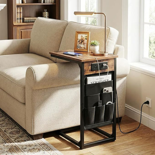 AMHANCIBLE C Shaped End Table with Charging Station, TV Tray Set of 2, Couch Tables with Storage Bag, Slide Under Sofa Side Table with USB Ports and Outlets for Living Room, Rustic Brown HET04CBR