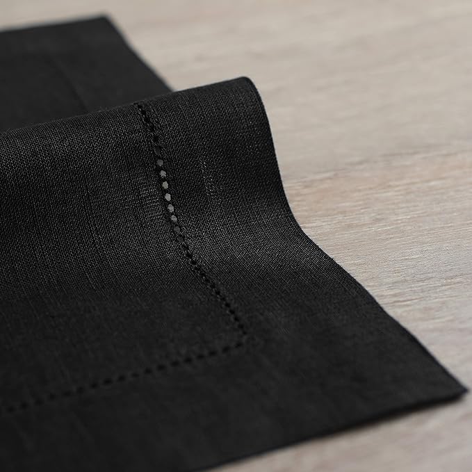 Solino Home Linen Square Placemats Set of 4-100% Pure Linen Black Cloth Placemats 14 x 14 Inch - Classic Hemstitch, Machine Washable Place Mats for Fall, Autumn, Winter, Christmas, New Year