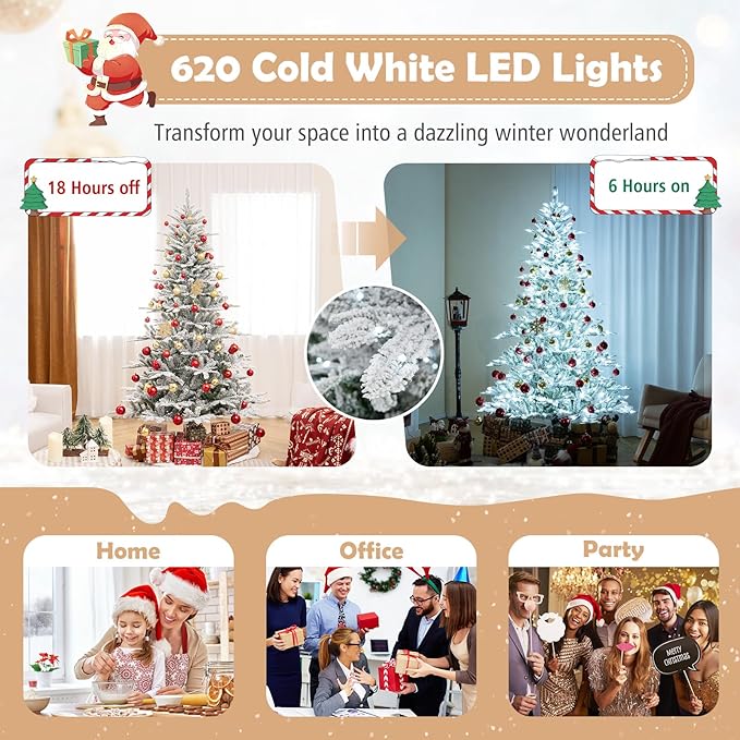 GOFLAME 7FT Pre-Lit Christmas Tree Snow Flocked, Hinged Artificial Xmas Tree with 1119 Branch Tips, 620 Cold White LED Lights, 3 Lighting Modes, Timer, Remote, Holiday Decoration Tree for Home Party