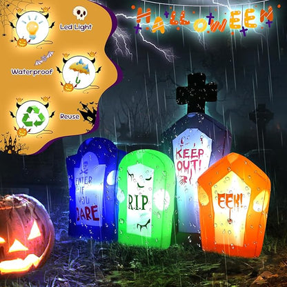 6FT Halloween Inflatable Tombstones Set Decora Halloween Blow Up Decor with LED Lights Indoor Outdoor Holiday Party Yard Graden Decoration