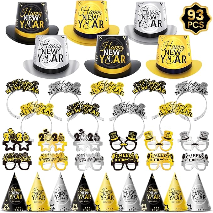 93PCS New Years Eve Party Supplies 2026 for 48 Guests, Happy New Years Decorations Party Favors Includes Top Hats, Tiaras, Glasses Accessories for Adults Kids Nye Decorations 2026