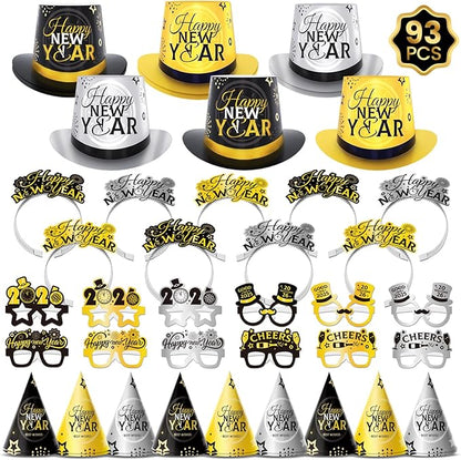 93PCS New Years Eve Party Supplies 2026 for 48 Guests, Happy New Years Decorations Party Favors Includes Top Hats, Tiaras, Glasses Accessories for Adults Kids Nye Decorations 2026