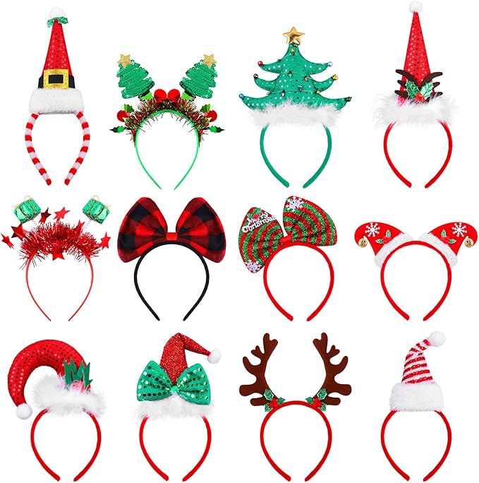 Aneco 12 Pieces Christmas Headbands Assorted Christmas Head Boppers Xmas Tree Santa Antler Reindeer Elves Hat Headband for Christmas Party