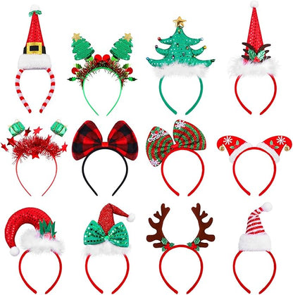 Aneco 12 Pieces Christmas Headbands Assorted Christmas Head Boppers Xmas Tree Santa Antler Reindeer Elves Hat Headband for Christmas Party