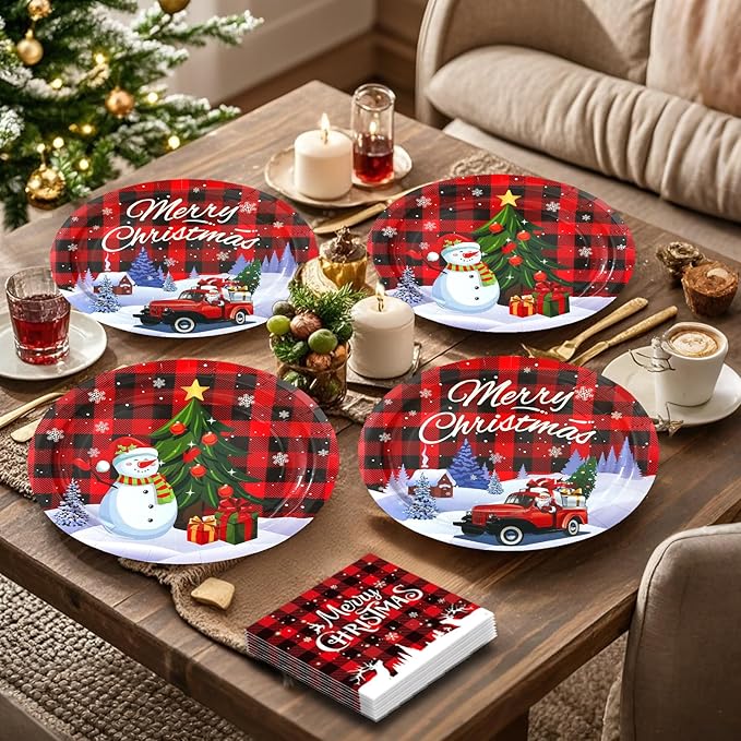100Pcs Christmas Oval Paper Plates and Napkins -10" x 12" Large Disposable Party Plates, Christmas Party Supplies Dinnerware Set