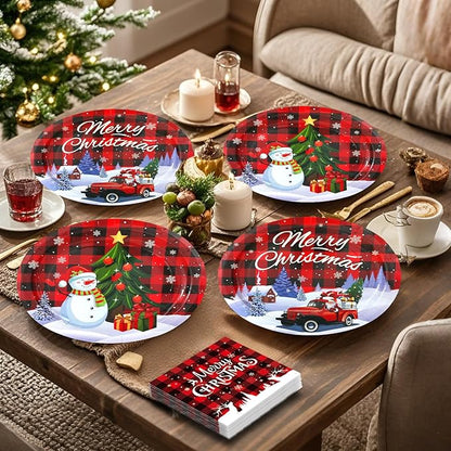 100Pcs Christmas Oval Paper Plates and Napkins -10" x 12" Large Disposable Party Plates, Christmas Party Supplies Dinnerware Set