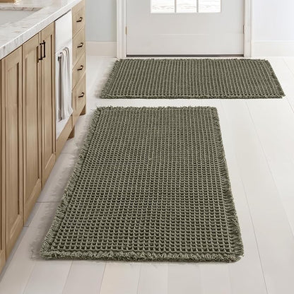 MIULEE Set of 2 Waffle Bathroom Rugs, Boho Bath Rugs Non Slip Washable, Super Absorbent Bath Mats, Ultra Soft Rubber Backed Shower Mats for Bathroom Floor, Tub and Shower, Green, 24x36 Inch