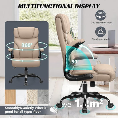 Office Chair, Ergonomic Big and Tall Computer Desk Chairs, Executive Breathable Leather Chair with Adjustable High Back Flip-up Armrests, Lumbar Support Swivel PC Chairs with Rocking Function