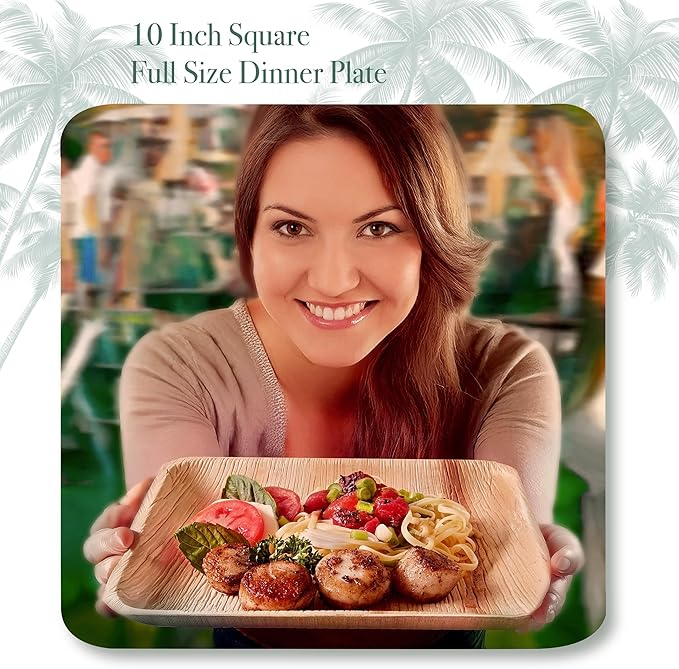 Disposable Palm Leaf Plates - 100 Pack - 10 Inch Square - Compostable & Biodegradable - Heavy Duty, Eco-Friendly, Microwave Safe - Like Bamboo Plates - Perfect for Events & Parties