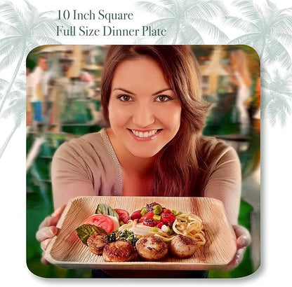 Disposable Palm Leaf Plates - 100 Pack - 10 Inch Square - Compostable & Biodegradable - Heavy Duty, Eco-Friendly, Microwave Safe - Like Bamboo Plates - Perfect for Events & Parties