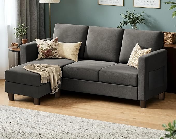 VICTONE Convertible Sectional Sofa Couch, 3 Seat L-Shaped Sofa with Linen Fabric Ottoman Small Couch for Small Apartments, Living Room and Office (Linen Fabric, Dark Gray)
