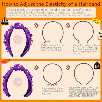 Halloween Pearl Knotted Headband for Women Girls Non Slip Rhinestone Embellished Hair Hoop Halloween Headbands Hair Accessories Gift (Purple)