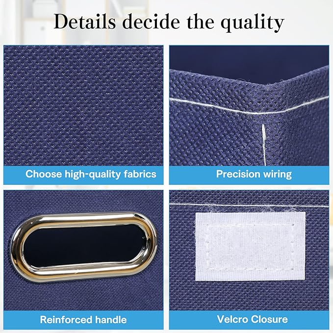 STOREONE Fabric Storage Cube Bins Foldable Organizer Container Collapsible Basket with Lids and Metal Handles, for Home, Bedroom, Closet 3 Pcs (Navy Blue)