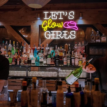 Let’s Glow Girls Neon Sign for Wall Decor 16.5‘’*12.2‘’ Light Up Sign Powered by USB Dimmable Led Cowboy Hat Neon Light for Girls Room Bedroom Party Wedding Gifts (White Yellow Pink)