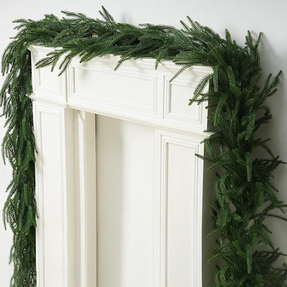 2 PCS-9FT Artificial Norfolk Pine Garlands - Real Touch Winter Pine Garland, Green Artificial Greenery Garland for Table, Mantle, Wall, Indoor, Outdoor Christmas Decorations