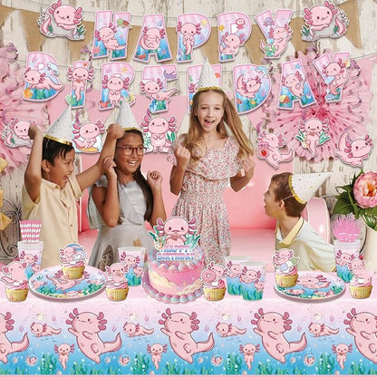 164PCS Pink Cartoon Axolotl Birthday Party Decorations, Tableware Axolotl Party Supplies Plates and Napkins Set, Banner, Hanging Swirls, Tablecloth, Cake Cupcake Topper, Reptile Animals Baby Shower