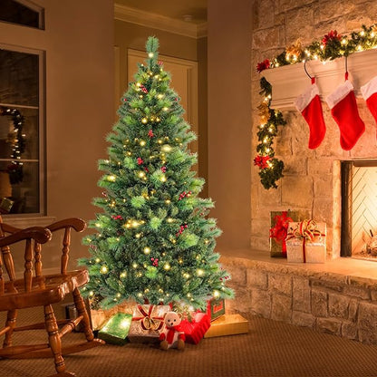 GOFLAME 6FT Pre-Lit Christmas Tree, Hinged Artificial Xmas Tree with Pine Needles, 670 Branch Tips, 28 Clusters of Red Berries, 300 LED Lights, 9 Lighting Modes, 4 Brightness, Remote Control & Timer