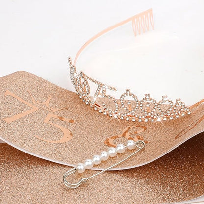 CIEHER 75th Birthday Gift Set - Crown, Sash, Pearl Pin, Decorations and Party Supplies for Women's Fabulous 75th Celebration