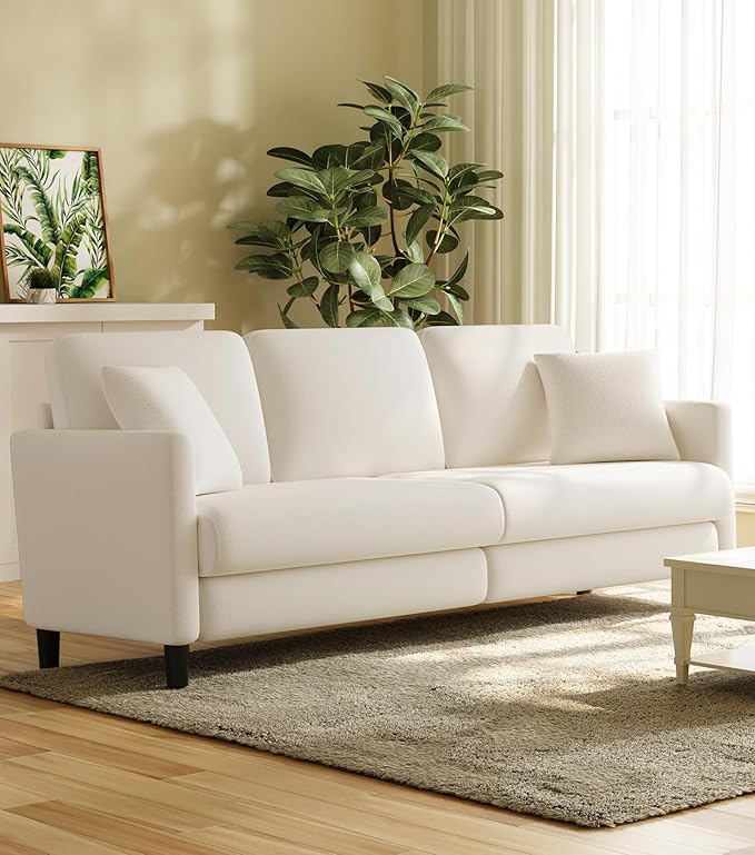 83" Couches for Living Room, Comfy Sofas for Living Room, Teddy Sofa Couch, Tool-Free Setup Loveseat Sofa, All-Wood Love Seat Couches, Small Couch 2 Pillows Included, Cream White