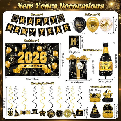 New Years Eve Party Supplies 2026-46 PCS Happy New Years Decorations-Party Favors Includes Banner, Backdrop, Balloons, Centerpieces, Hanging Swirls Nye Decorations 2026