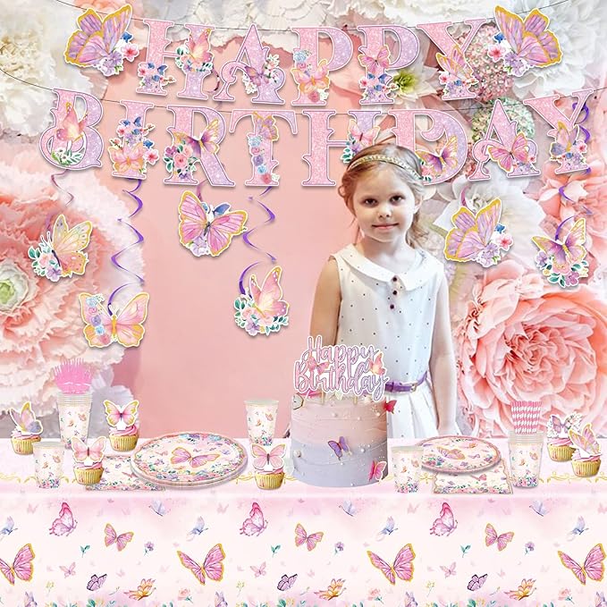 163PCS Butterfly Birthday Party Decorations, Girls Butterfly Party Supplies Disposable Plates and Napkins Set, Tableware,Banner, Hanging Swirls, Tablecloth, Cake Cupcake Topper