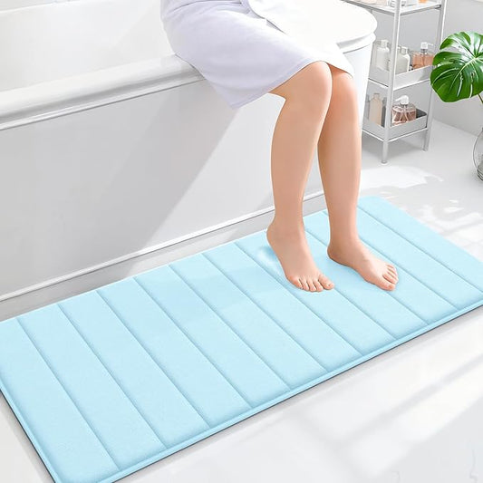 OLANLY Memory Foam Long Bathroom Rugs Runner 47x20, Super Soft Absorbent Bath Mat, Quick Dry, Machine Washable Shower Floor Rugs, Bathmat Carpet, Bathroom Home Decor Accessories, Sky Blue