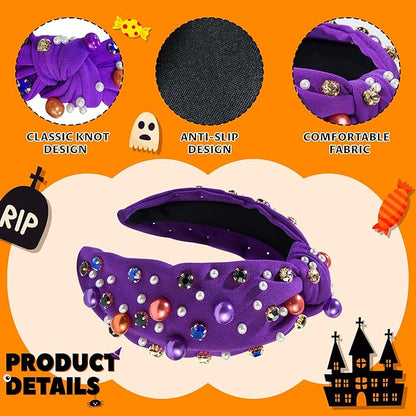 Halloween Pearl Knotted Headband for Women Girls Non Slip Rhinestone Embellished Hair Hoop Halloween Headbands Hair Accessories Gift (Purple)