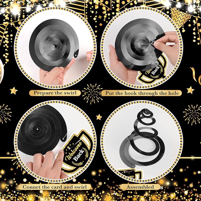 12pcs Welcome Back to Work Decorations Office Black Gold So Glad You're Back To Work Banner and Hanging Swirls Table Centerpieces Office Party Supplies for Indoors Outdoors