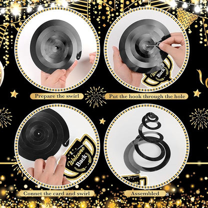 12pcs Welcome Back to Work Decorations Office Black Gold So Glad You're Back To Work Banner and Hanging Swirls Table Centerpieces Office Party Supplies for Indoors Outdoors