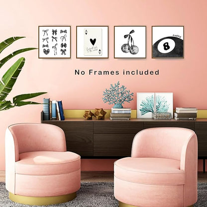 okaxscm Black Coquette Trendy Preppy Wall Art Prints Set of 4,Coquette Room Decor,Preppy Room Decor Aesthetic, Black Bow Disco 8 Ball Cherry Wall Decor Posters for Girls Bedroom Dorm, 10x10 Unframed