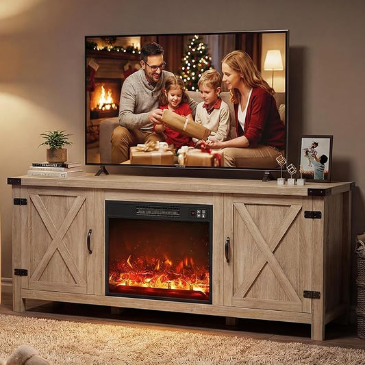 YESHOMY Fireplace TV Stand with Two Barn Doors and Storage Cabinets for Televisions up to 65+ Inch, Entertainment Center Console Table, Media Furniture for Living Room, 58 Inch, Yellow Oak