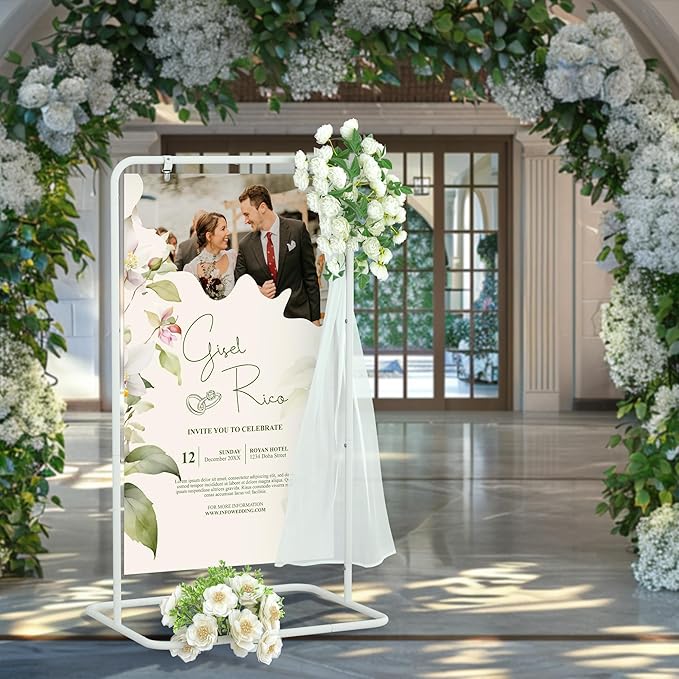 Jolitac Wedding Welcome Sign Holder, Adjustable Wedding Sign Stand Leather Hanging Straps & Design Bundle Heavy Duty Metal Easel Stand for Seating Charts, Bridal Showers, Birthday Party Displays