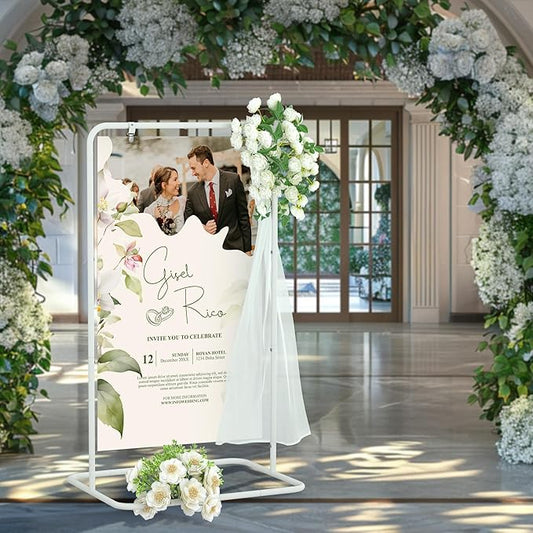 Jolitac Wedding Welcome Sign Holder, Adjustable Wedding Sign Stand Leather Hanging Straps & Design Bundle Heavy Duty Metal Easel Stand for Seating Charts, Bridal Showers, Birthday Party Displays