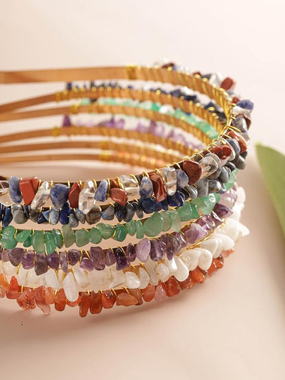 MINACHI Handcrafted Gold-Tone Hairband with Colorful Mixed Stones, Boho Bridal Accessories, Jewelry Gift for Women