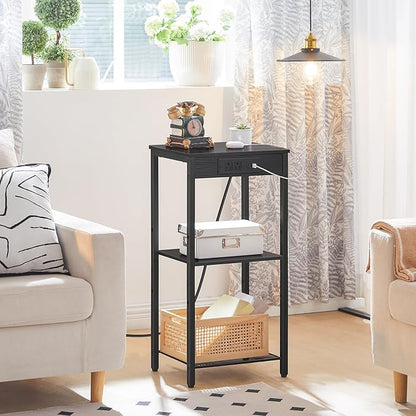 HOOBRO Tall End Table with Charging Station, 30 Inch Tall Nightstand, 3-Tier Small Side Table with Adjustable Shelf, for Living Room, Bedroom, Hallway, Black BB09UDH01G1