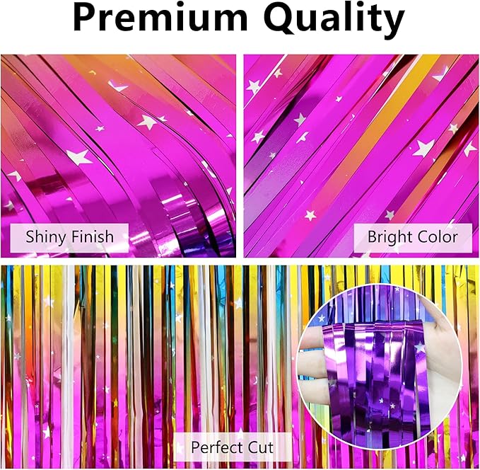 Thicken Rainbow Streamers 4 Pack 3.2 x 8.2 FT, Rainbow Birthday Decrorations Tinsel Backdrop Curtains, Foil Fringe Photo Backdrop for Birthday Decorations, 80s 90s Party Decorations
