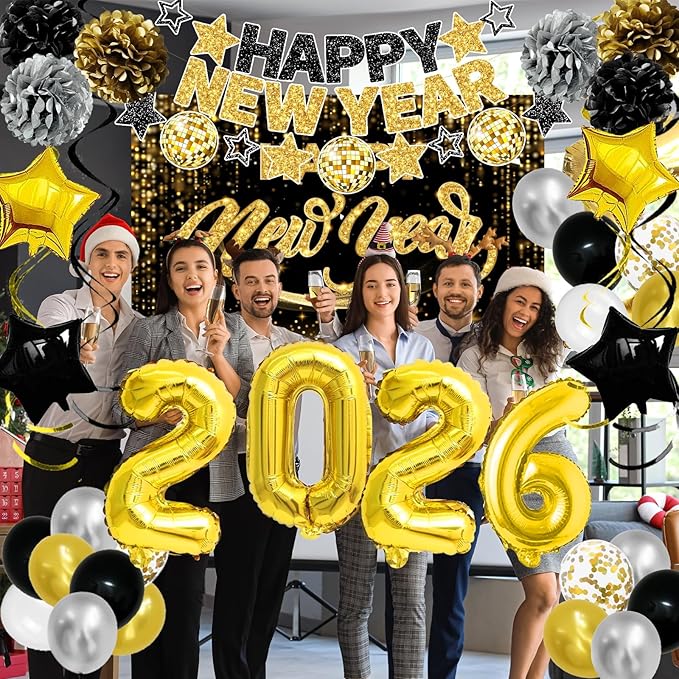 New Years Eve Party Supplies 2026 Happy New Year Decorations Kit - Black Gold Happy New Year Banner, Backdrop, 2026 Balloons, Pom Poms and Hanging Swirls for Kids Adults Party Decor