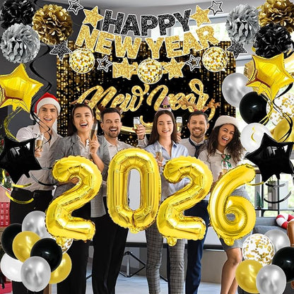 New Years Eve Party Supplies 2026 Happy New Year Decorations Kit - Black Gold Happy New Year Banner, Backdrop, 2026 Balloons, Pom Poms and Hanging Swirls for Kids Adults Party Decor
