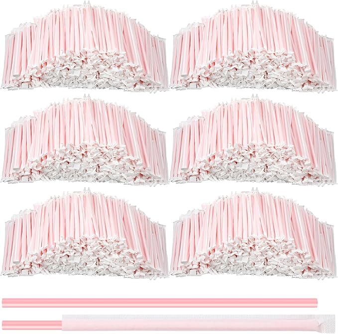 Hoolerry 2000 Pcs 8 Inch Plastic Straws Disposable Individually Wrapped Drinking Straight Long Straws, 0.24" Wide, for Hot and Cold Beverages (Pink)