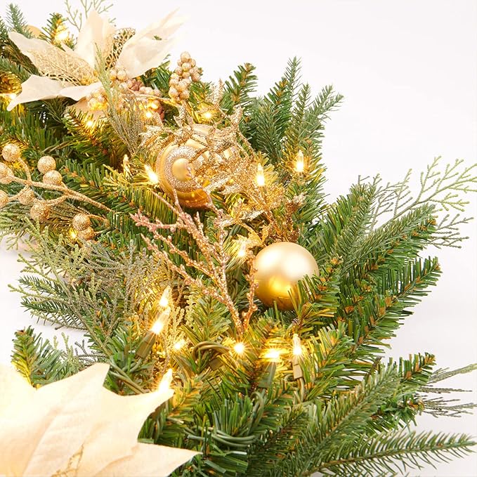 9Ft Christmas Garland Prelit with Gold Berries and Balls,Flower and 50 Lights Plug in,Holiday Decoration Fireplace Stairs Mantle Door Indoor Outdoor